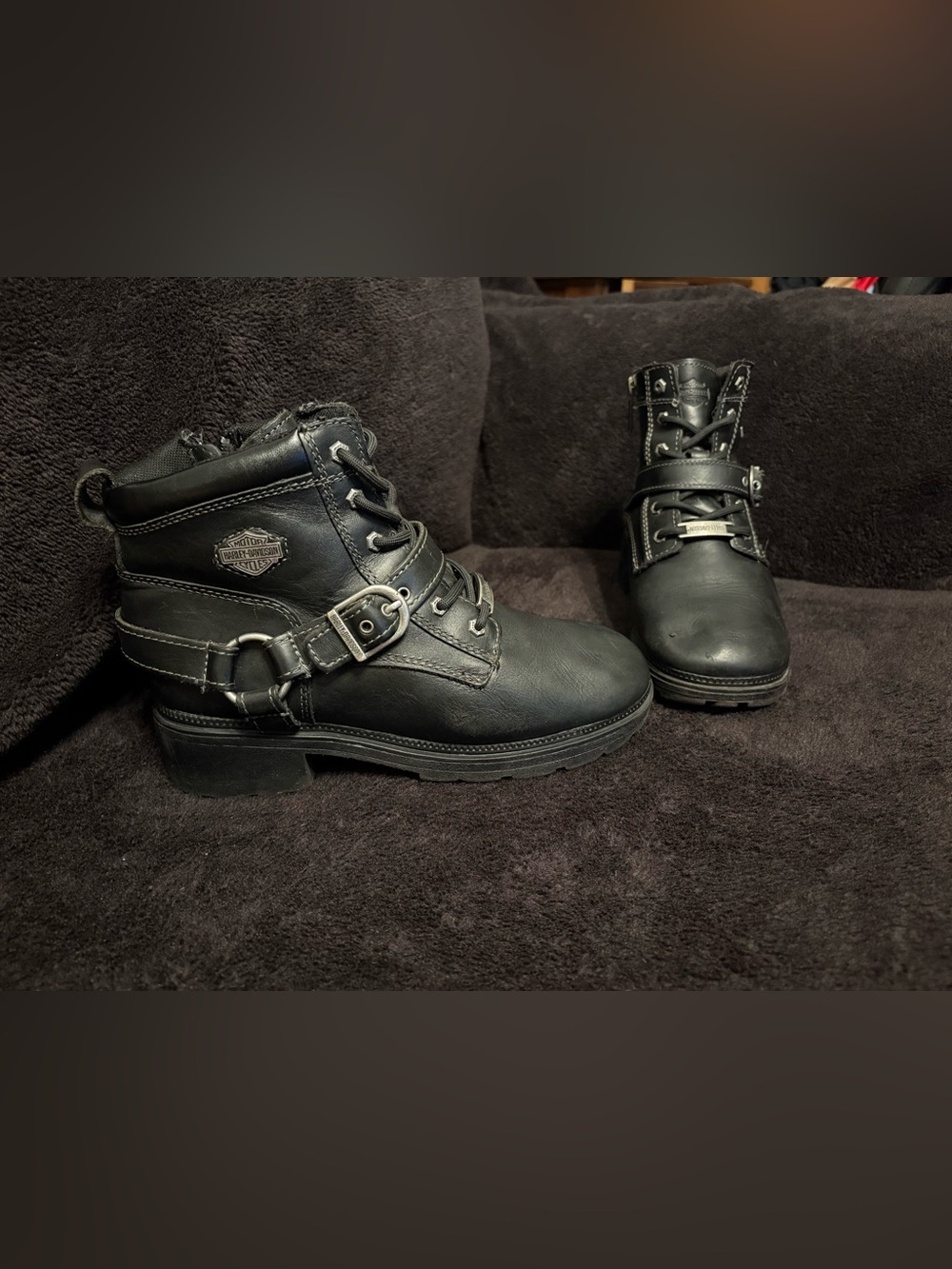 Harley Davidson D84424 Tegan Side Zip Buckle Lace Up Black Leather Boots 7.5M FC
